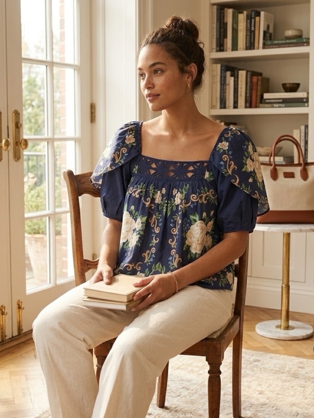 FARM Rio Navy Floral Square-Neck Puff Sleeve Blouse - Picture 6 of 8